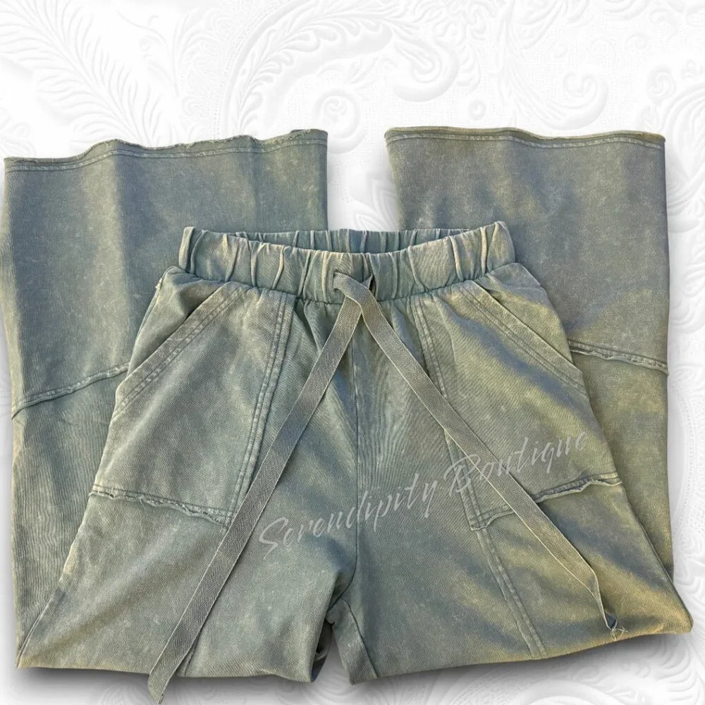 Zenana Bell Bottom Acid Blue Flare Leg Lightweight Elastic Waist Lounge Pants - Picture 6 of 9